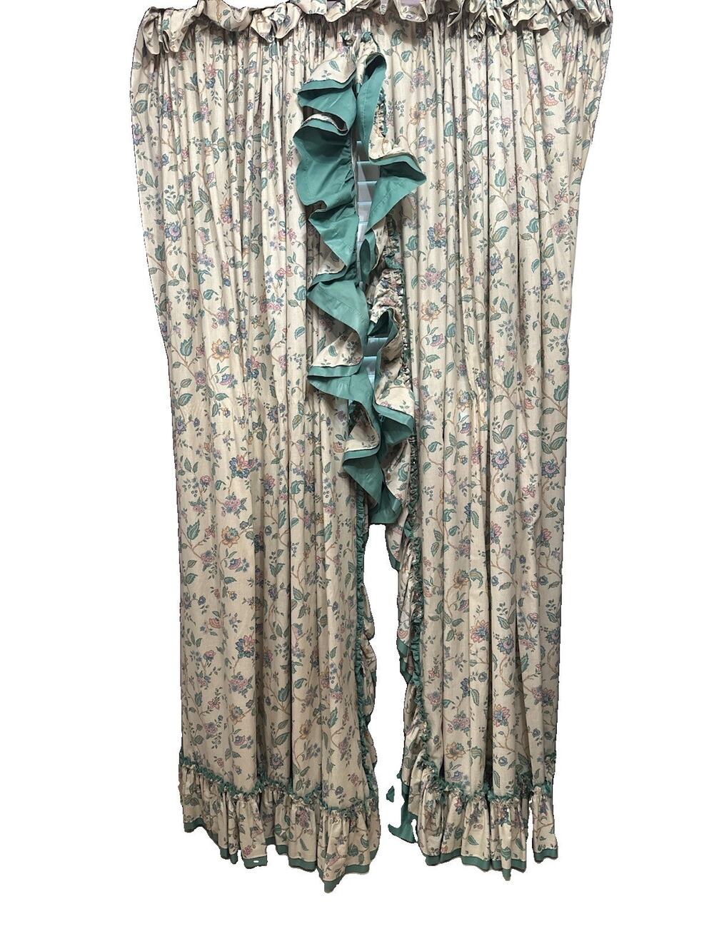 Vintage 1990S Pricilla Cottagecore Ruffled Curtains Tan With Mauve Blue Florals
